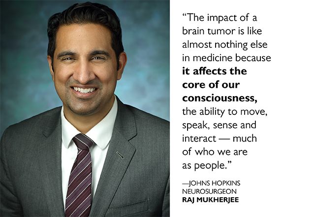 “The impact of a brain tumor is like almost nothing else in medicine because it affects the core of our consciousness, the ability to move, speak, sense and interact — much of who we are as people.”  Johns Hopkins neurosurgeon Raj Mukherjee